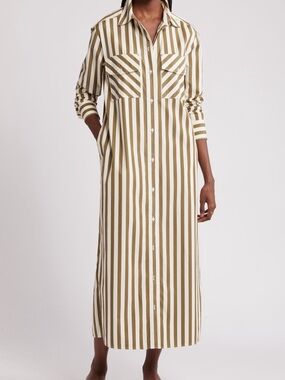 Striped Button-Front Maxi Two Pocket shirt dress